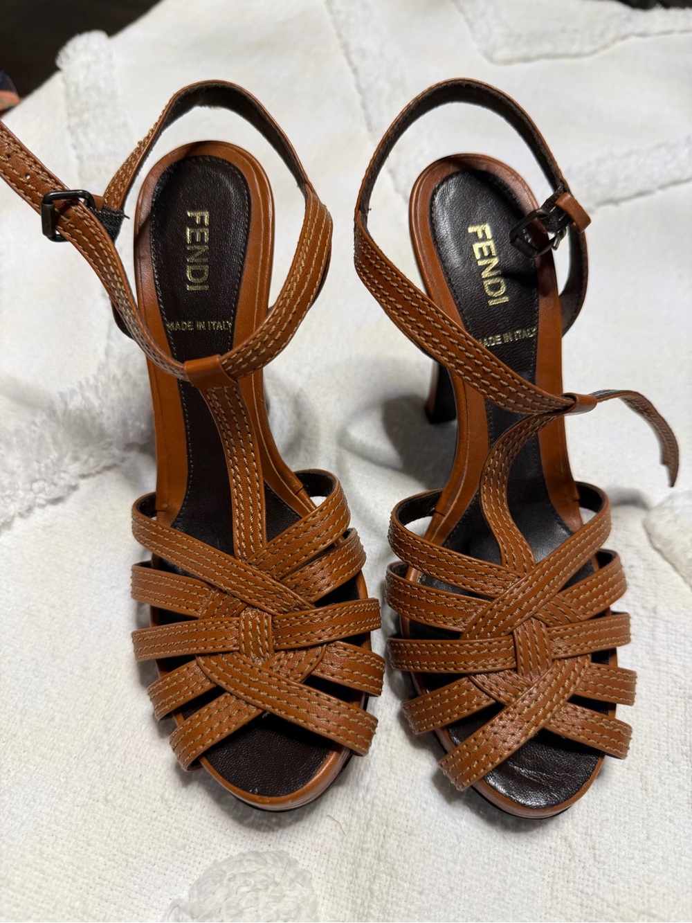 Fendi Cognac Brown Leather Strappy High Heel Sandals